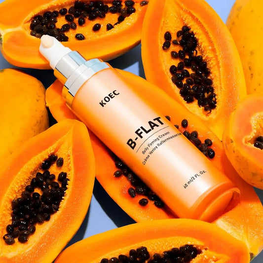 Creme anti estrias BISUTANG B-FLAT em embalagem com fundo de mamão, ideal como creme para estrias na barriga