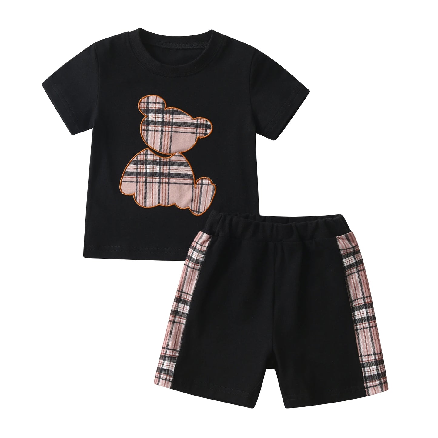 conjunto camiseta manga curta e bermuda menino KUKITTY preto com ursinho xadrez e laterais em xadrez