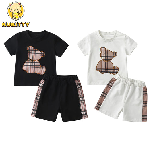 KUKITTY conjunto camiseta manga curta e bermuda menino com urso xadrez em preto e branco kit 2 peças