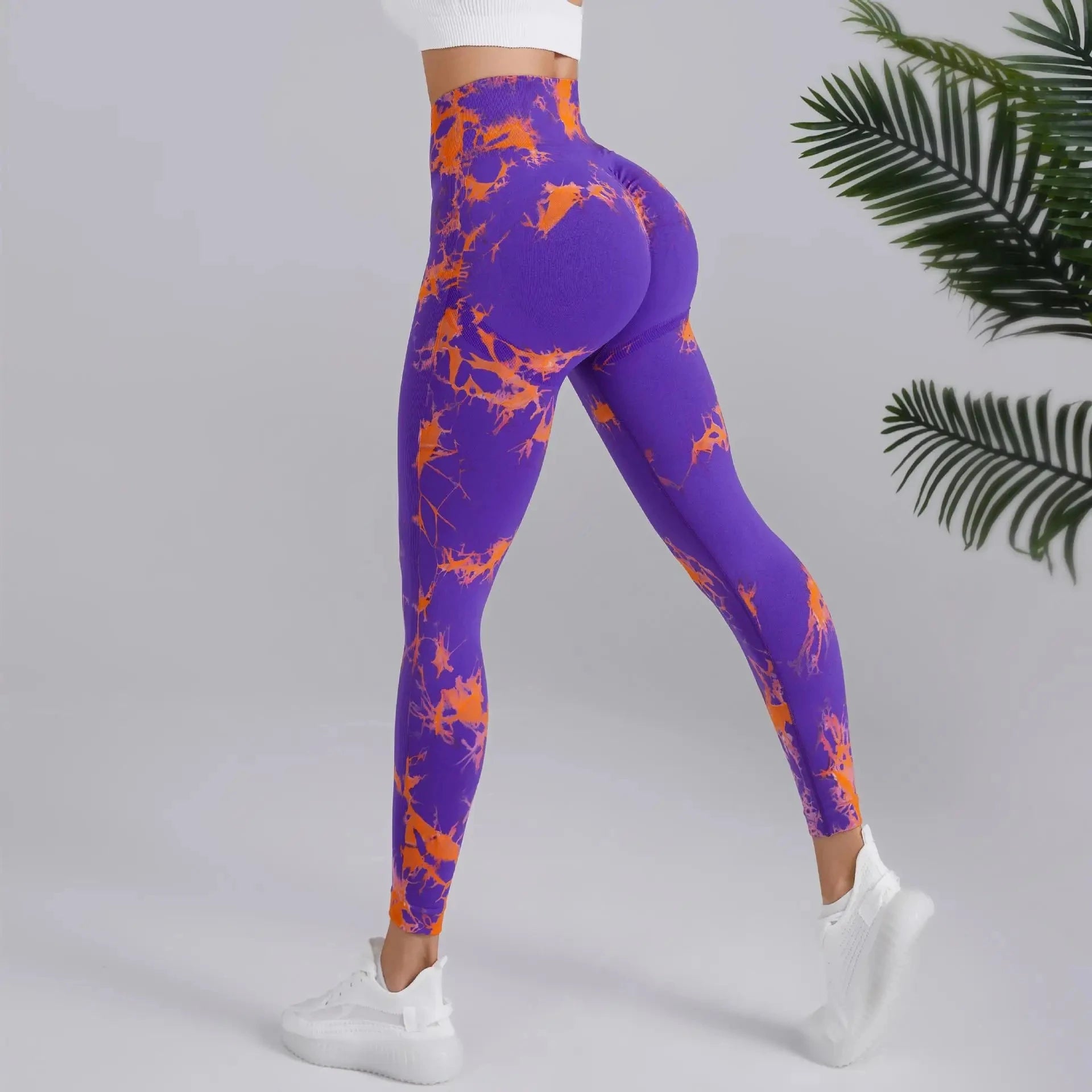 Legging cintura alta sem costura TIANKA com estampa roxa e laranja para conforto e estilo