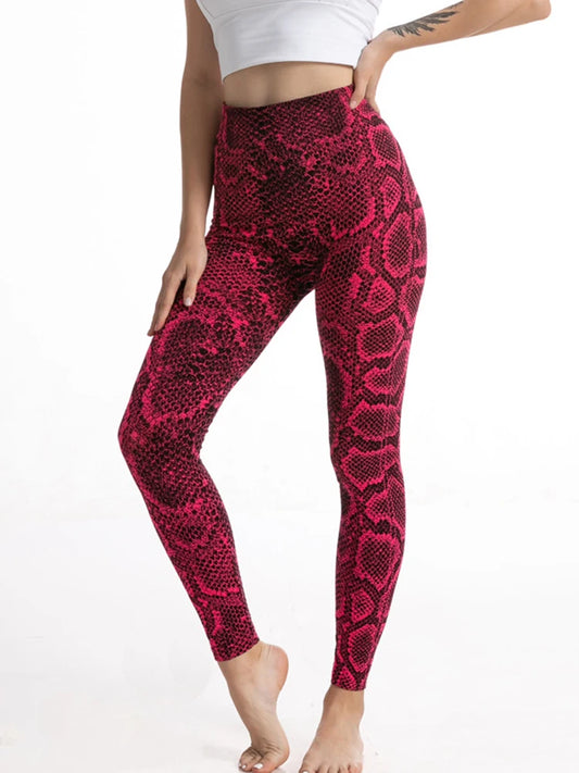 Calça feminina legging workout estampa cobra em rosa com alta cintura para treinos confortáveis