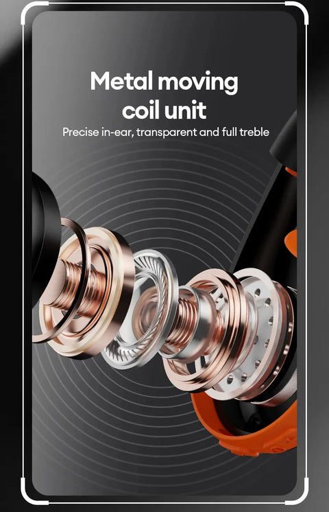 Detalhe do fone de ouvido Lenovo X7 com unidade de bobina metálica para sons transparentes e agudos nítidos