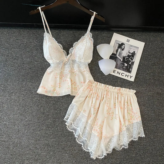 Pijama feminino da QIANTANG em cetim com estampa floral, inclui lingerie sexy de cetim e shorts com renda