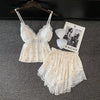 Pijama feminino QIANTANG em cetim, com detalhes em renda, ideal como lingerie sexy de cetim