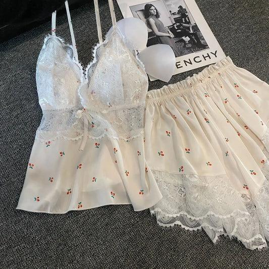 Pijama feminino QIANTANG em cetim bem leve com renda, lingerie sexy de cetim com detalhes florais