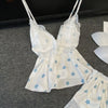 Pijama feminino QIANTANG com estampa de flores e detalhes em renda, ideal como lingerie sexy de cetim