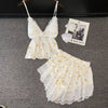 Pijama feminino QIANTANG em cetim com detalhes rendados e estampa de limões, lingerie sexy de cetim