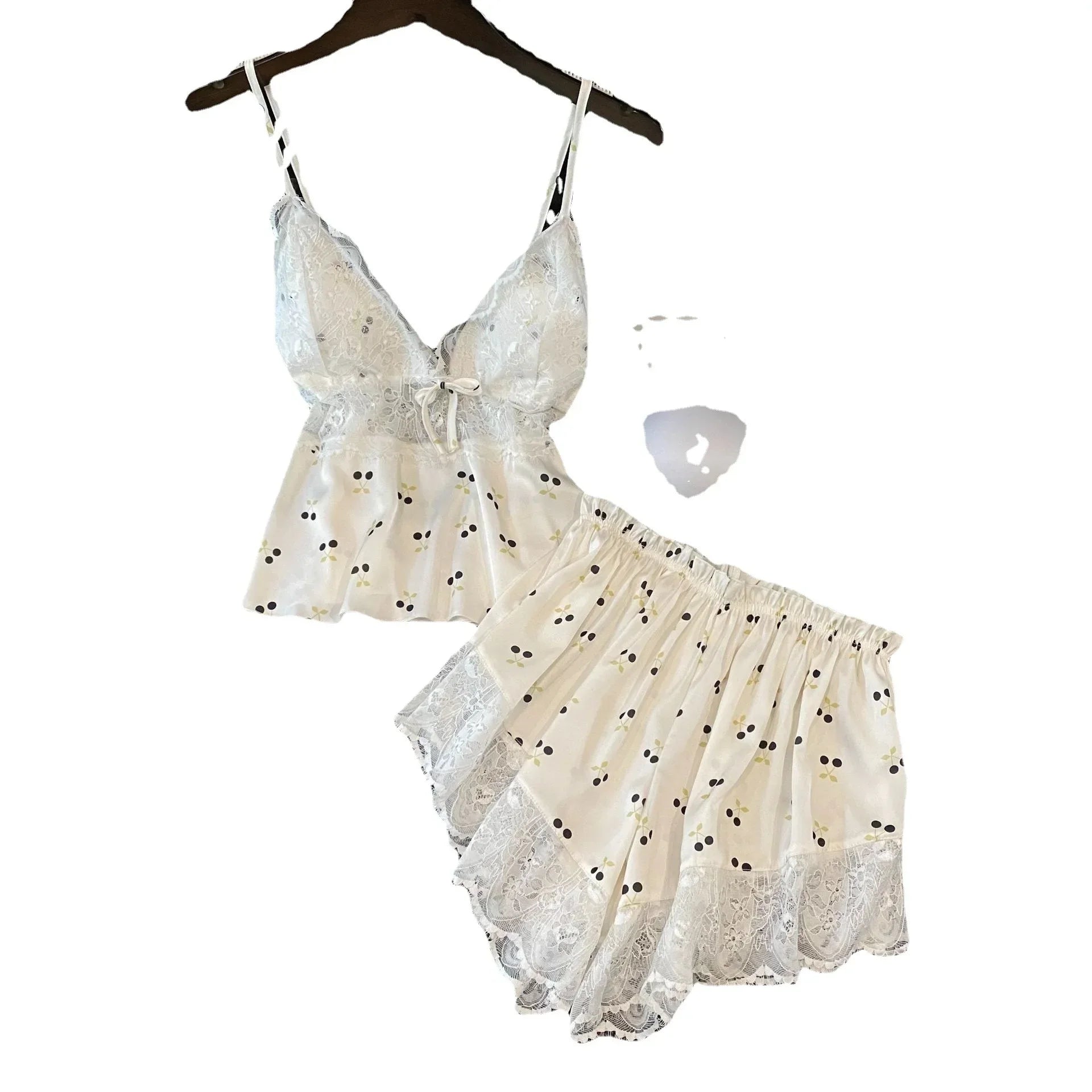 Pijama feminino QIANTANG em cetim com detalhes de renda, ideal como lingerie sexy de cetim