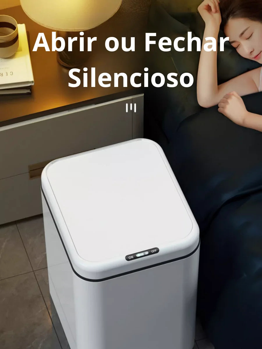 Lixeira sensor automático branca com design elegante e funcão silenciosa ao abrir ou fechar