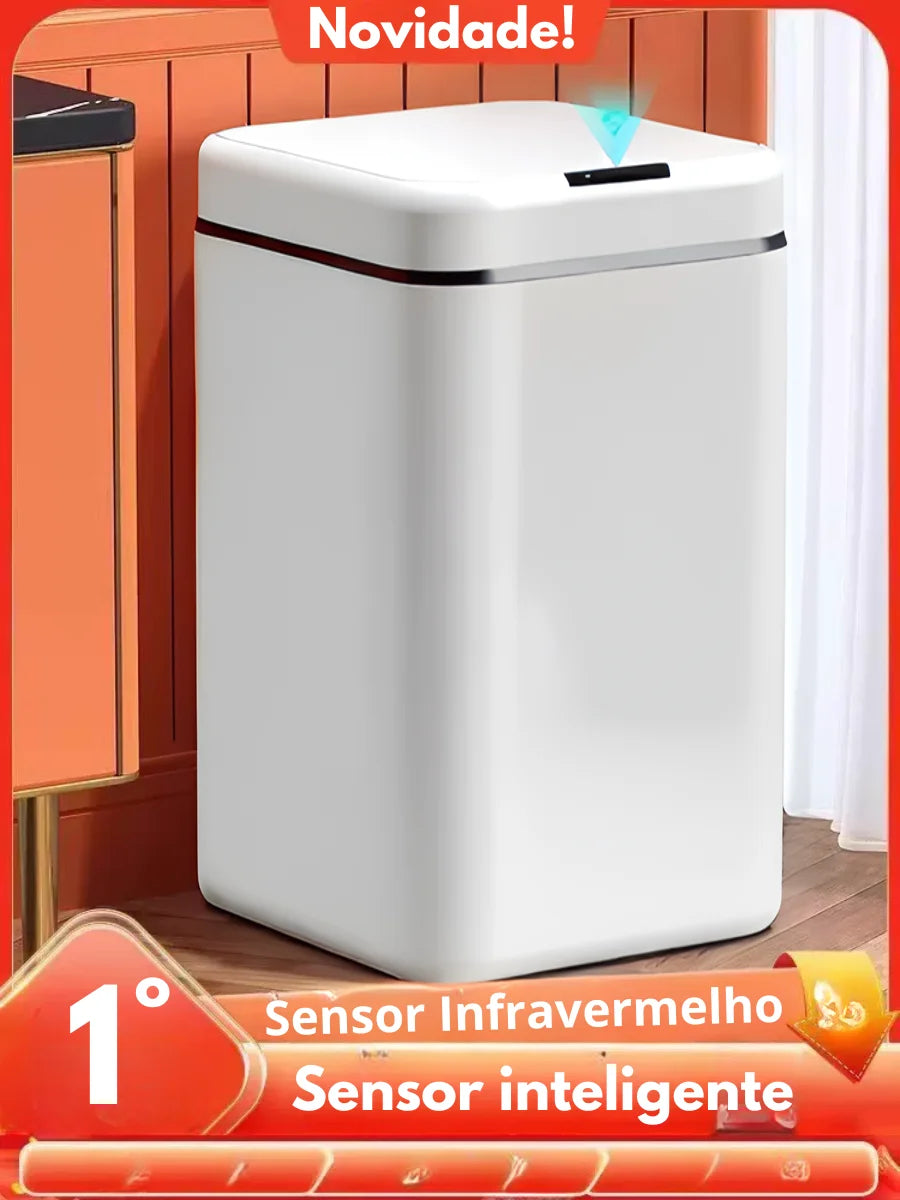 Lixeira sensor automático branca com design moderno e sensor infravermelho para abertura sem tocar