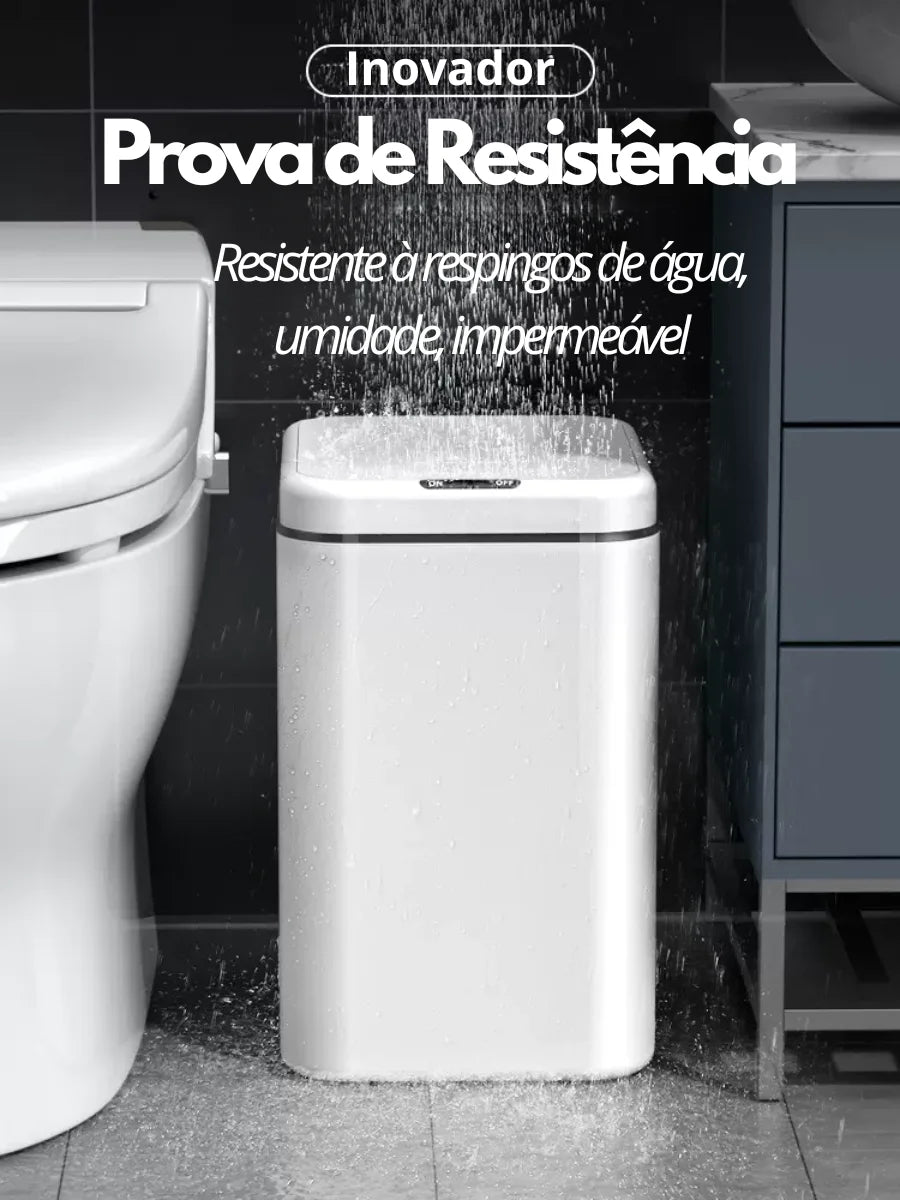 Lixeira sensor automático branca, resistente a respingos d'água e umidade, ideal para banheiros modernos
