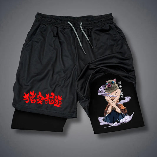 LAMLKKY short fitness masculino com estampa preto com máscara de javali estilo anime bolsos e forro compressão