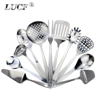 Conjunto de utensílios de cozinha LUCF com colher concha escumadeira e outros utensílios variados em aço inox