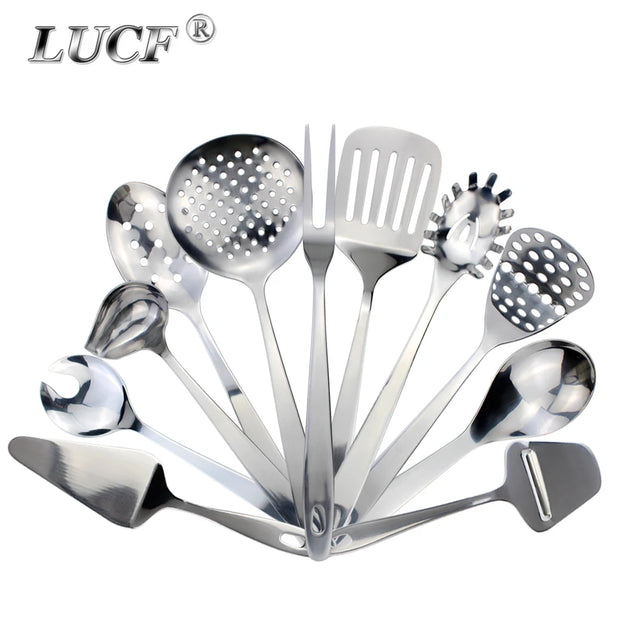 Conjunto de utensílios de cozinha LUCF com colher concha escumadeira e outros utensílios variados em aço inox