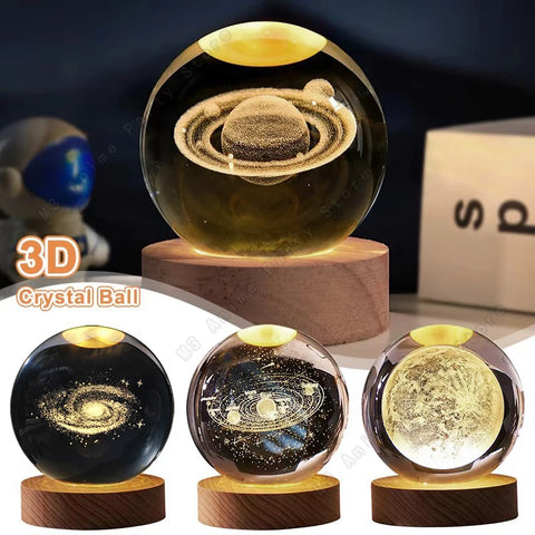 Lâmpada de led decorativa O Badalo do sino com bola de cristal decorativa brilhante 5cm mostrando planetas 3D em base de madeira