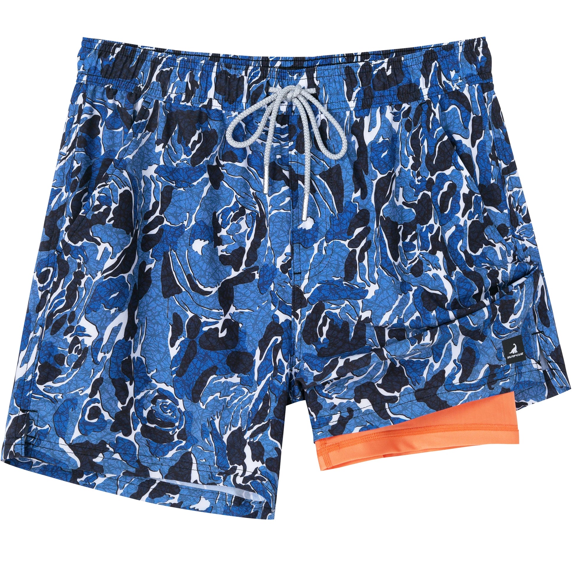 Shorts de banho masculino com forro da SURFCUZ em estampa azul e detalhes laranja