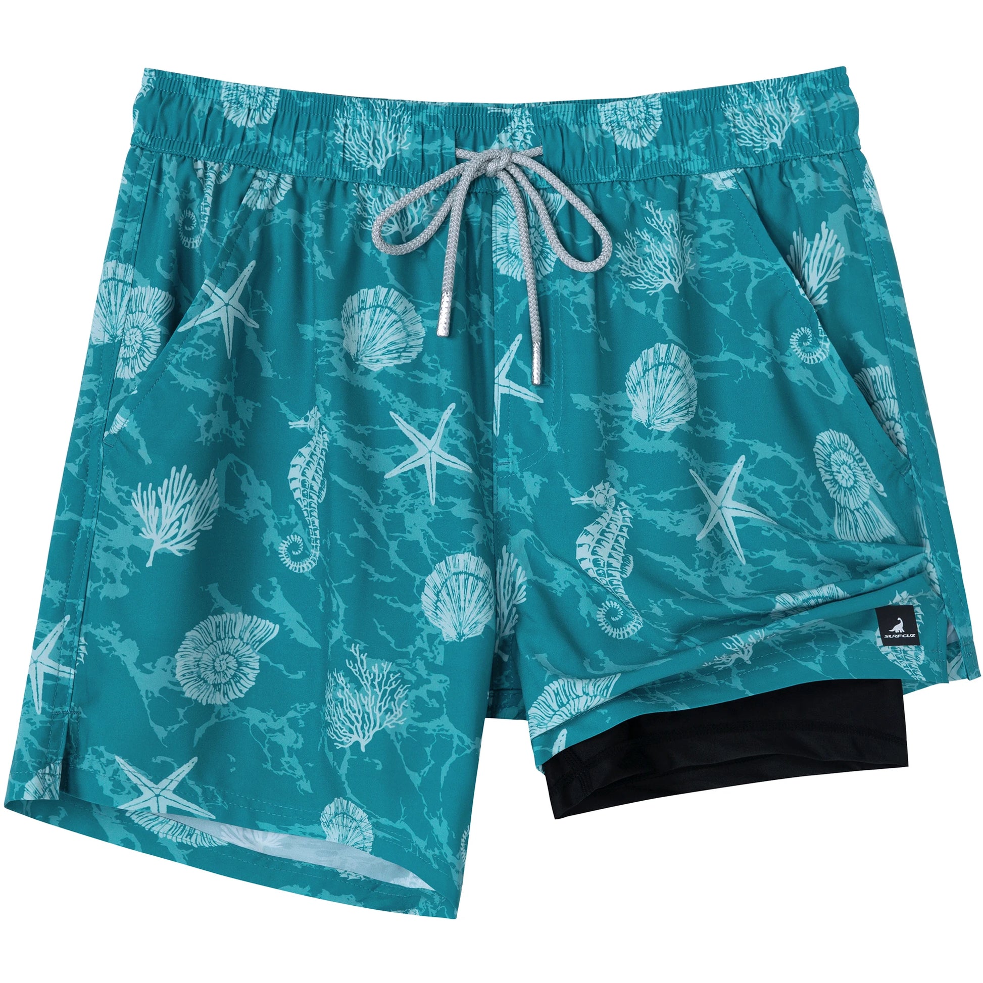 Shorts de banho masculino com forro em azul, estampa marinha e bolso lateral