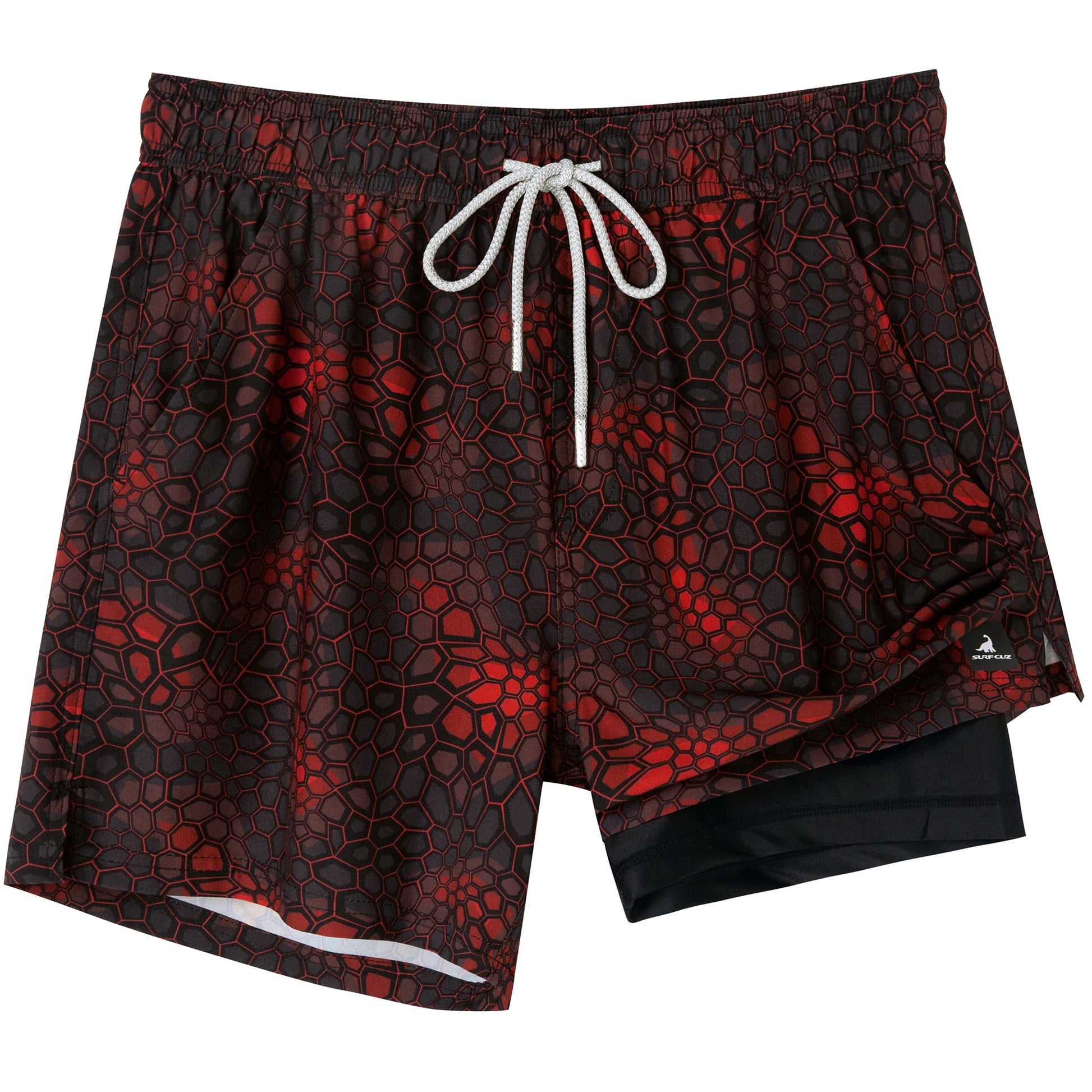 Shorts de banho masculino com forro da SURFCUZ em padrão vermelho e preto