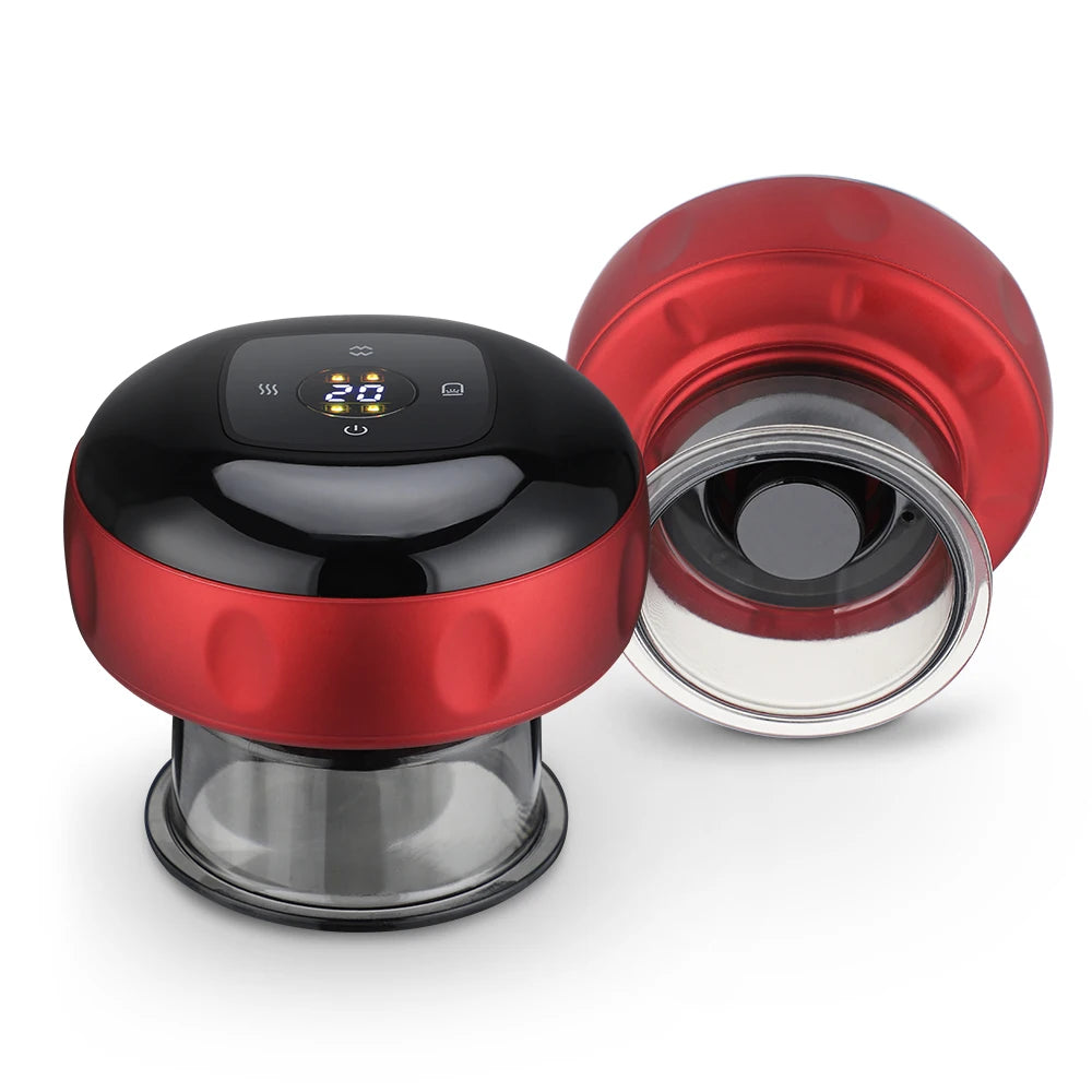Massageador inteligente de ventosa HALLICARE em vermelho e preto, ideal para alívio muscular e relaxamento