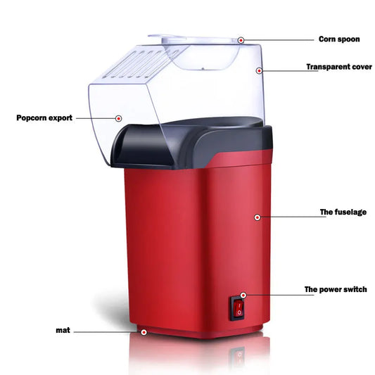 Mini máquina de pipoca automática BALASHOV em vermelho com tampa transparente e colher para milho