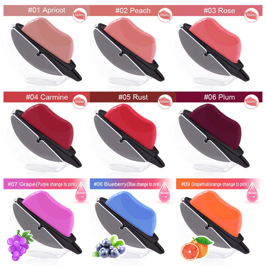Batom multicolorido duradouro com diferentes tons como pêssego, carmim e azul-berry