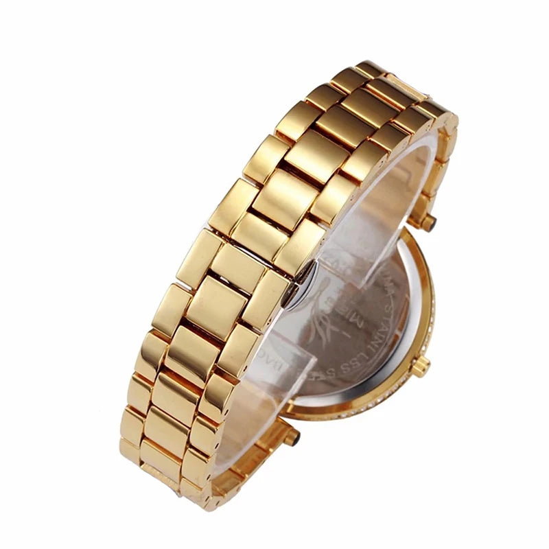 Relógio feminino bling com diamantes em ouro com bracelete elegante e sofisticado