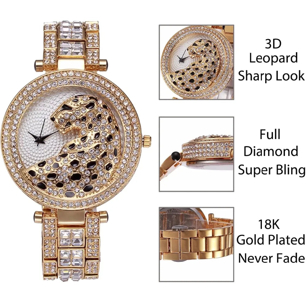 Relógio feminino bling com diamantes, design leopardo em 3D e acabamento em ouro 18K