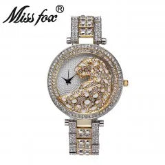 Relógio feminino bling com diamantes da MISSFOX, design elegante em detalhes dourados e prateados