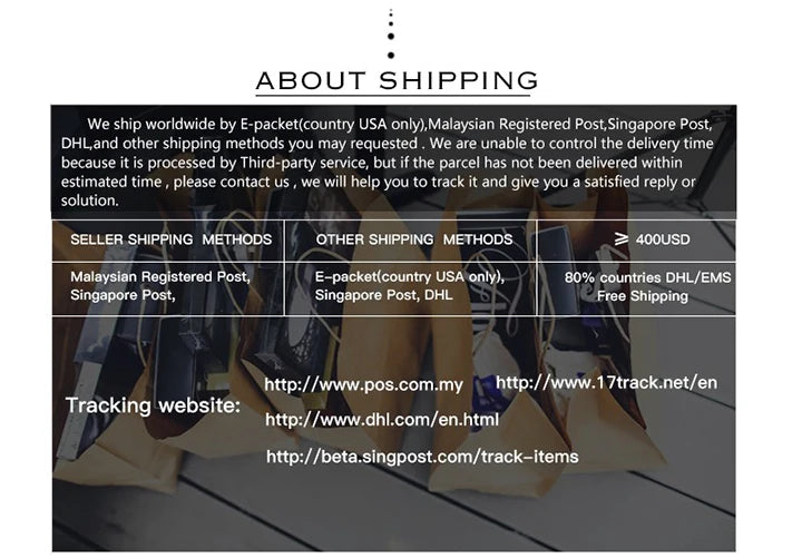 Informações sobre envio de remessas com opções de rastreamento e métodos de envio disponíveis