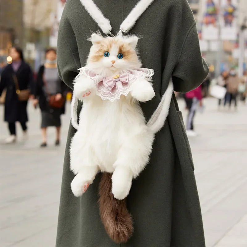 Mochila escolar infantil formato de gato com detalhes em pelúcia e laço estiloso