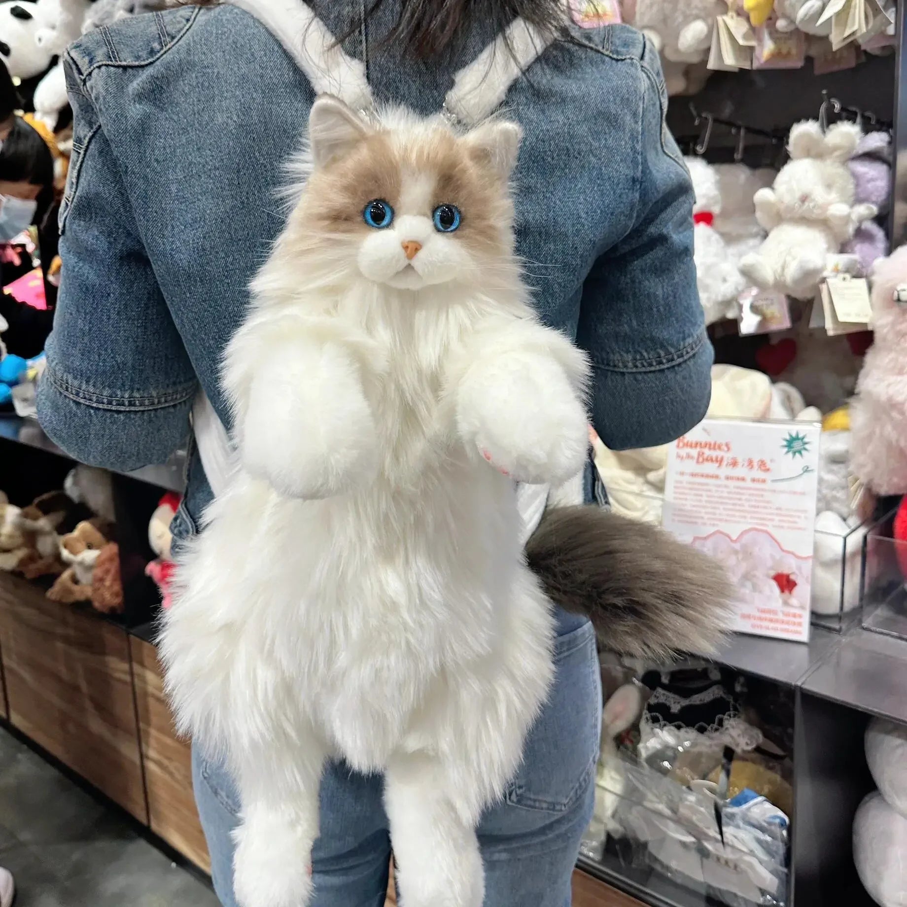 Mochila escolar infantil em forma de gato com pelagem macia e orelhas fofas para crianças