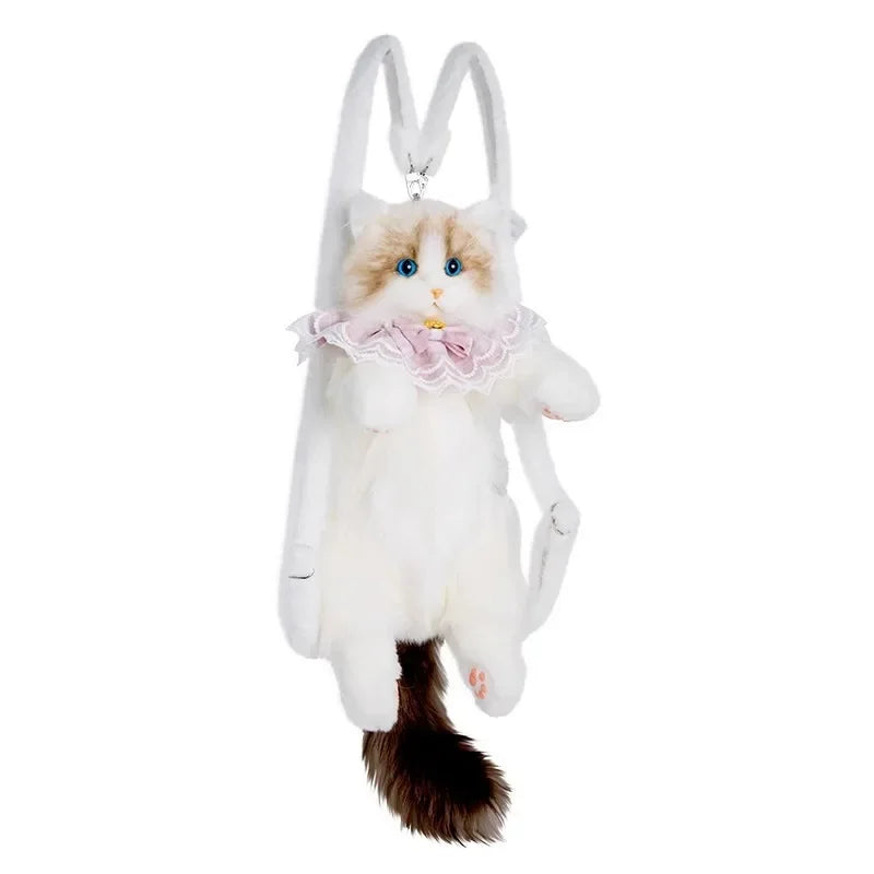 Mochila escolar infantil em formato de gato felpudo com detalhes em rosa e orelhas felinas.