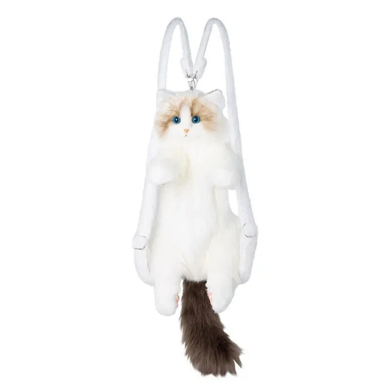 Mochila escolar infantil em forma de gato branco de pelúcia com alças confortáveis