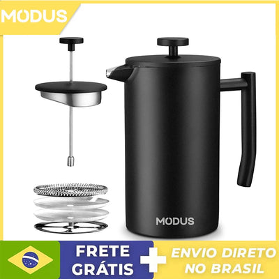 Cafeteira prensa francesa inox da MODUS com design elegante e funcionalidade prática para fazer café fresco.