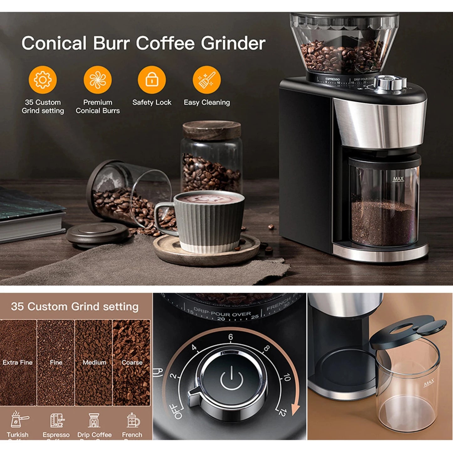 Moedor de café elétrico HOMEGEEK com 35 configurações de moagem e jarra para moagem perfeita de grãos