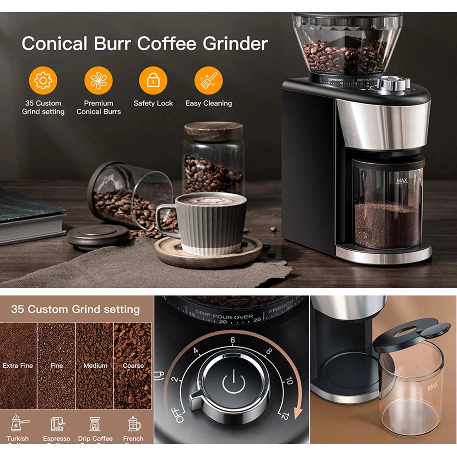 Moedor de café elétrico HOMEGEEK com 35 configurações de moagem e jarra para moagem perfeita de grãos