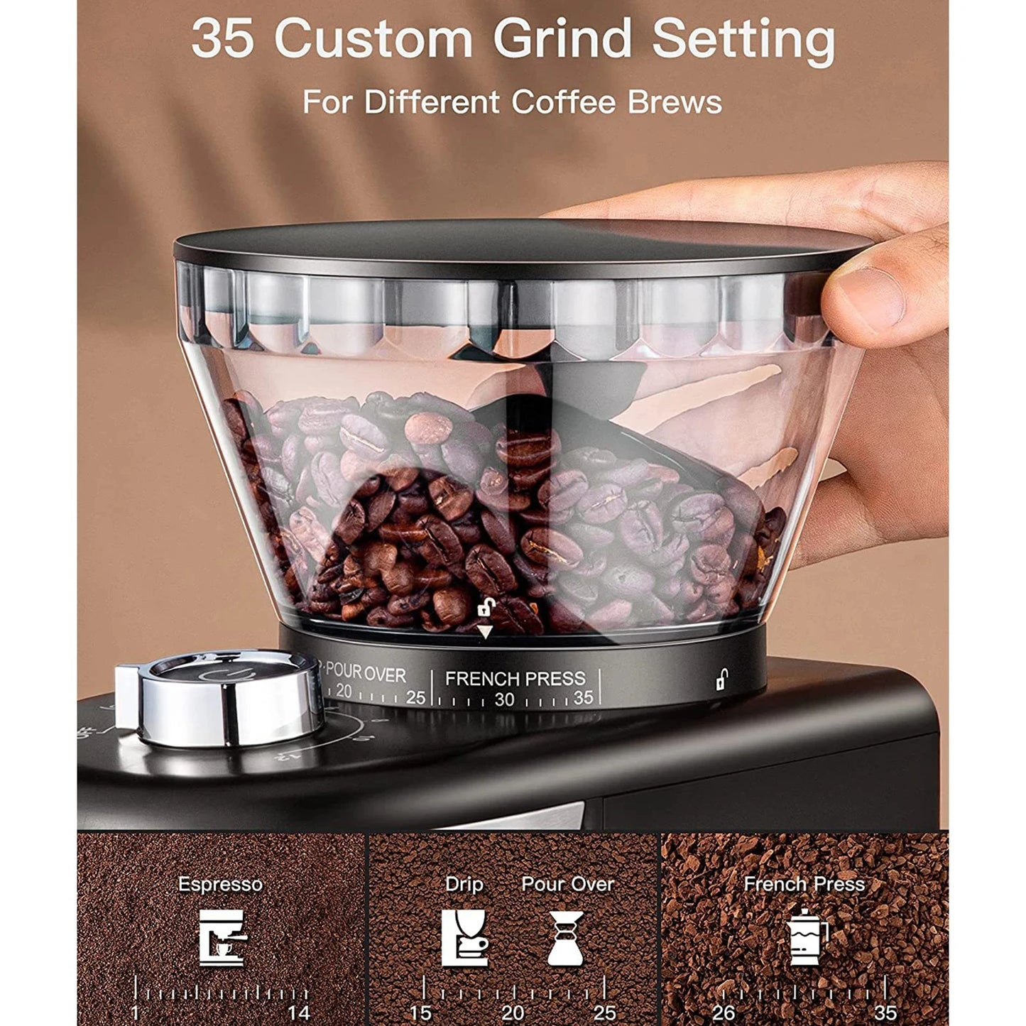 Moedor de café elétrico HOMEGEEK com 35 configurações para diferentes tipos de preparo de café
