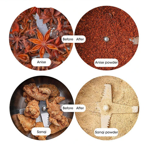 Moedor de café elétrico NOCCLILI 400W mostrando especiarias e pós antes e depois da moagem, moedor multifuncional 400W.