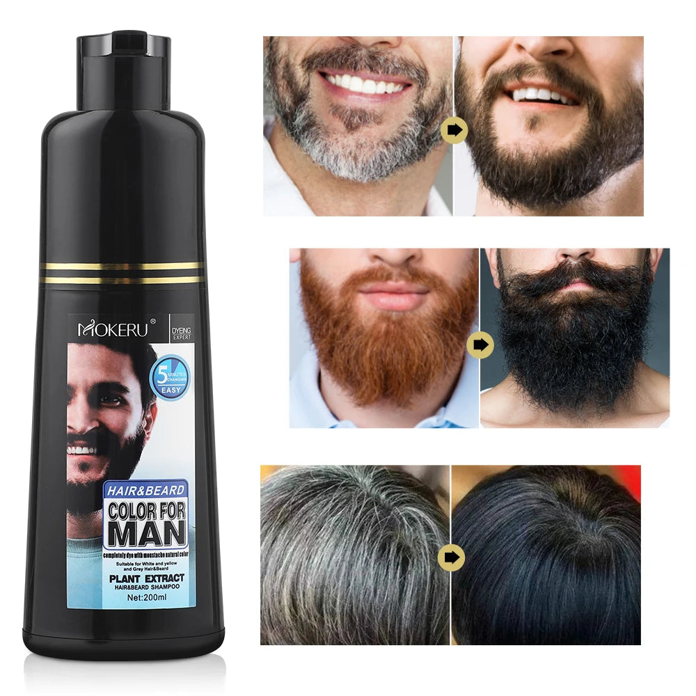 Shampoo para tingimento de barba masculina MOKERU com extratos vegetais para cobrir fios grisalhos