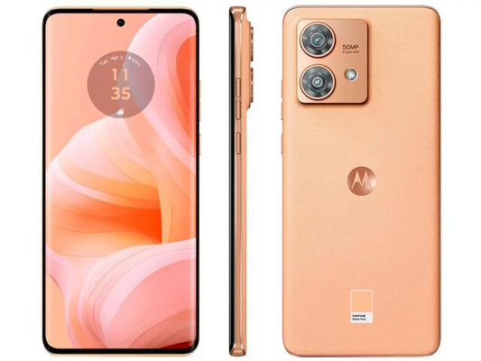 Smartphone Motorola Edge 40 Neo com design elegante e câmera de 50MP em cor rosa dourado.