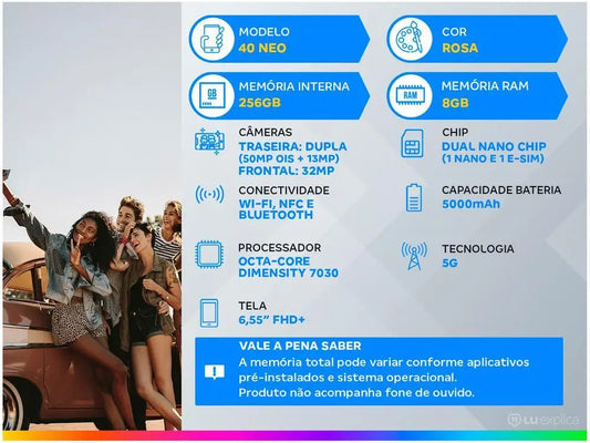 Smartphone Motorola Edge 40 Neo em rosa com 256GB de armazenamento e câmera dupla de 50MP e 13MP