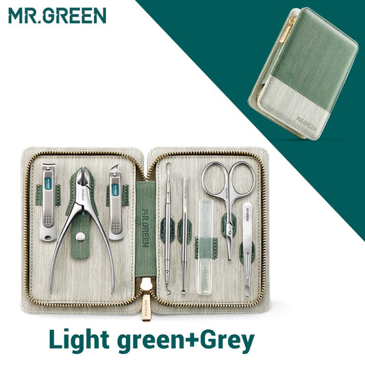 Conjunto de ferramentas para viagem manicure MR. GREEN em verde e cinza, compacto e prático.