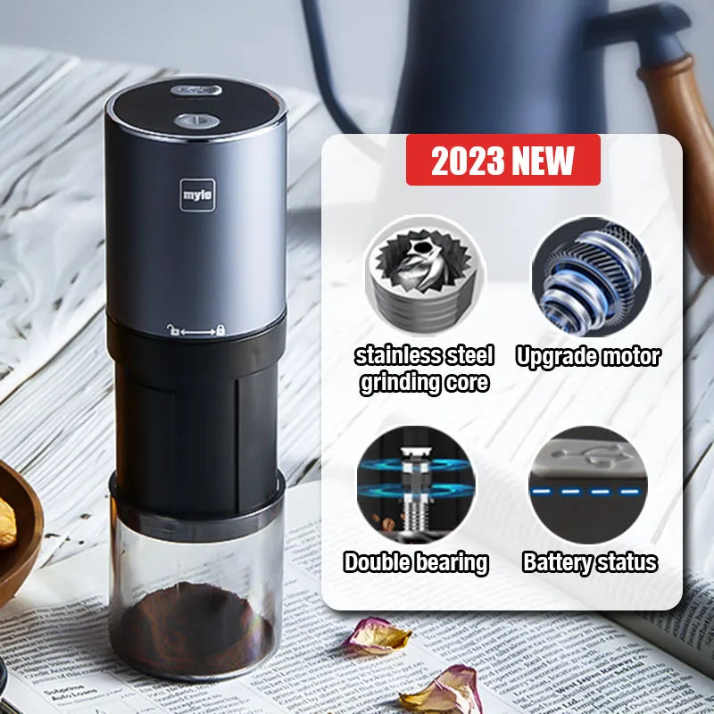 Moedor de café elétrico portátil em aço inox com motor atualizado e indicador de bateria