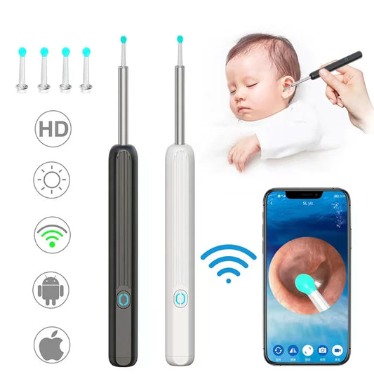 limpador visual inteligente para ouvido com camera HD sem fio branco e preto pontas de silicone app para smartphone uso em bebe