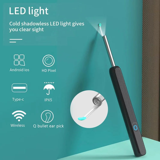 limpador visual inteligente para ouvido com LED e câmera HD ponta silicone Q bullet recarregável USB Type C
