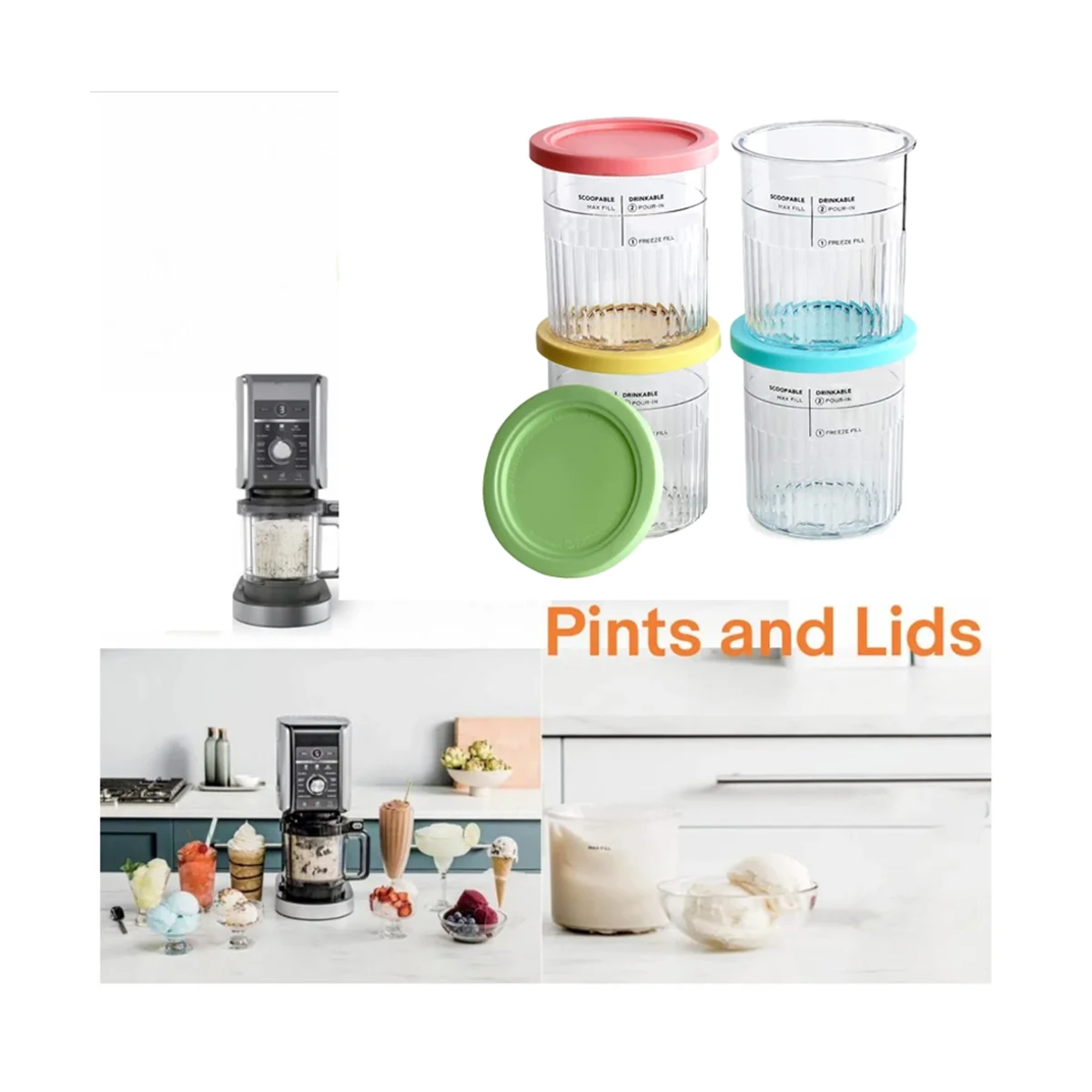 Conjunto de potes sorvete Ninja Cream com tampas coloridas para armazenamento de sorvete