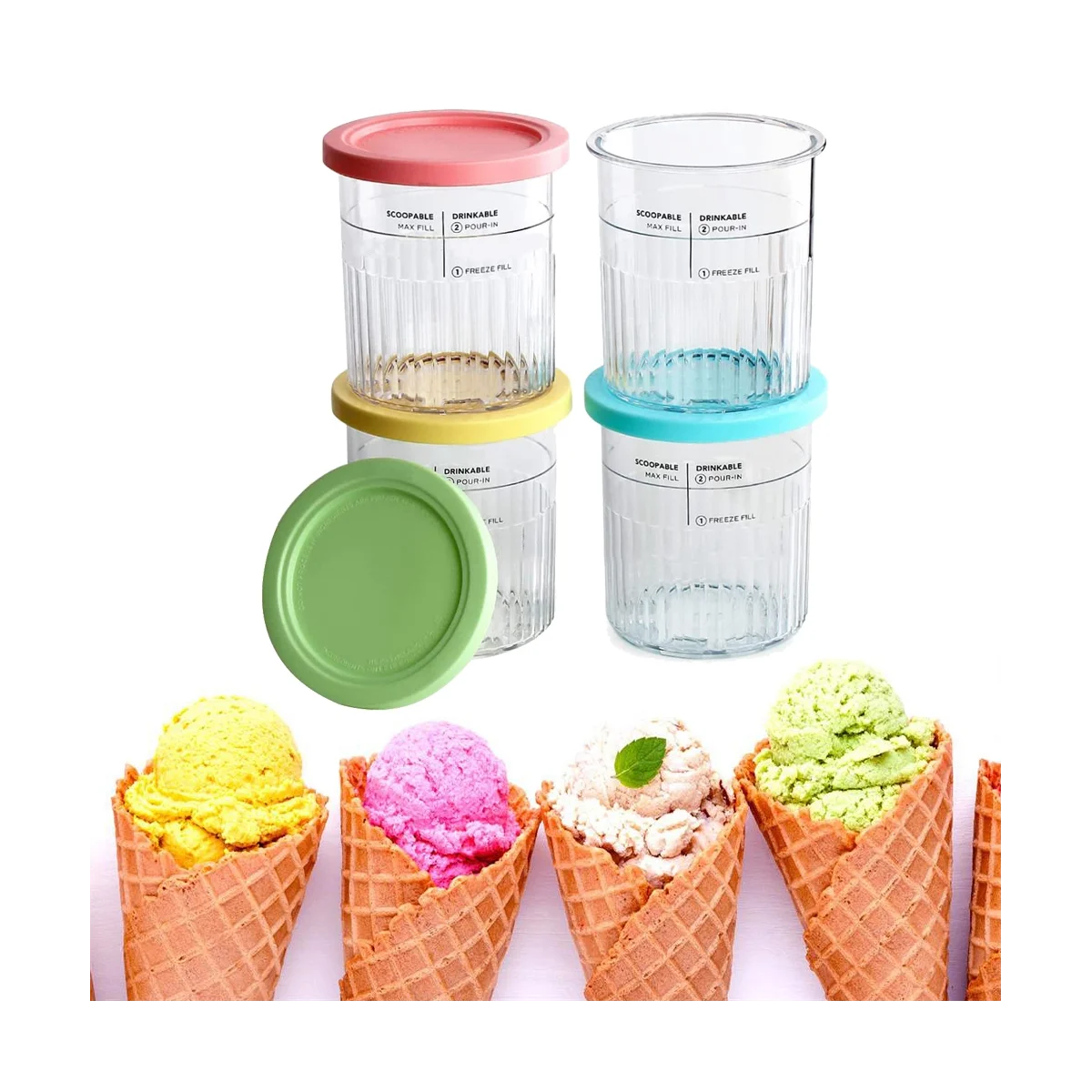 Conjunto de potes sorvete Ninja Cream com tampa colorida, ideal para armazenar sorvetes frescos