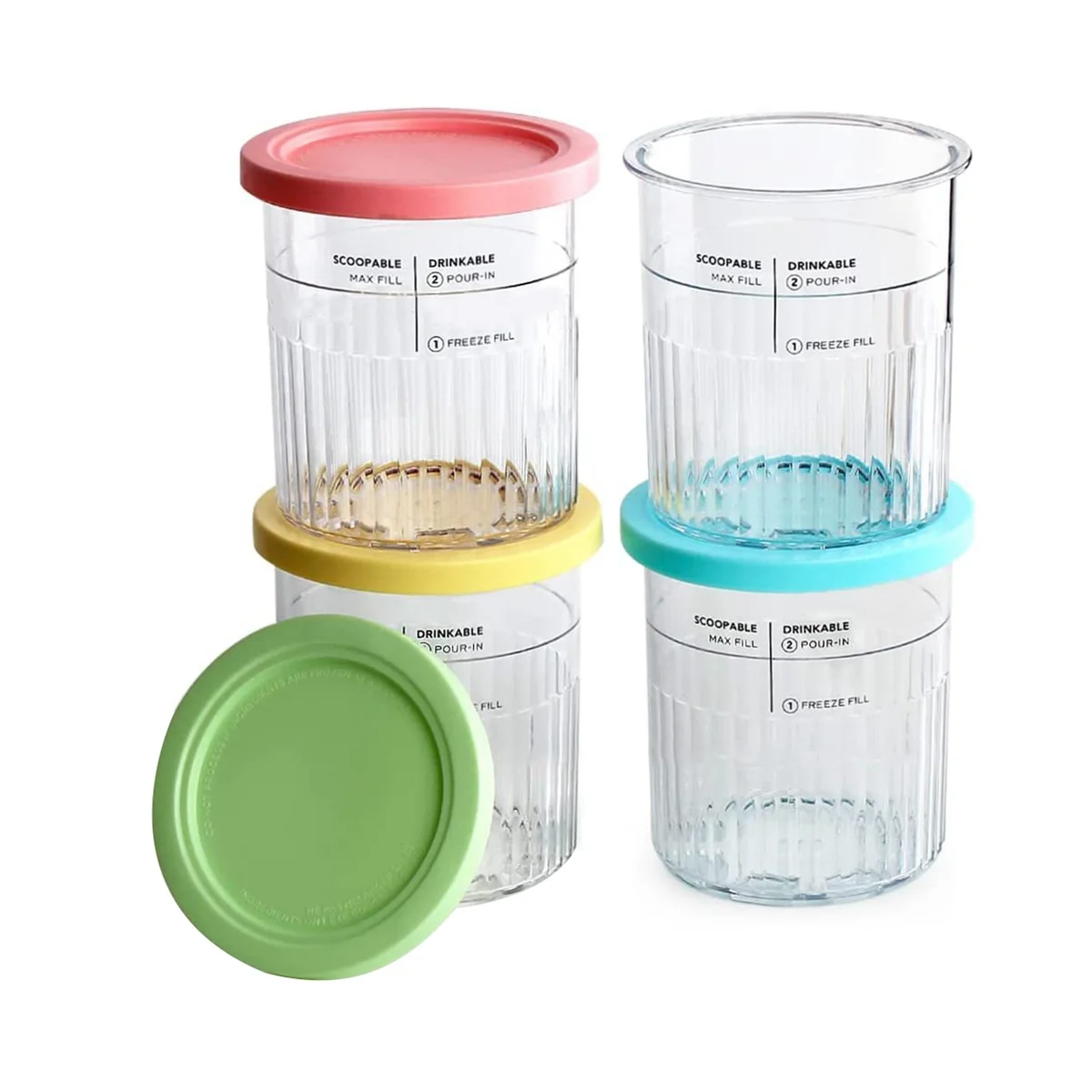 Conjunto de potes sorvete Ninja Cream com tampas coloridas em rosa, azul e verde, ideal para armazenar sorvete