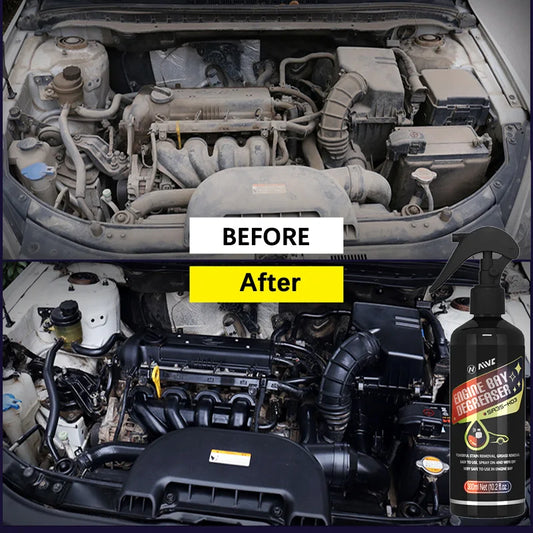 Limpador de motor de carro AIVC mostrando antes e depois na limpeza do compartimento do motor
