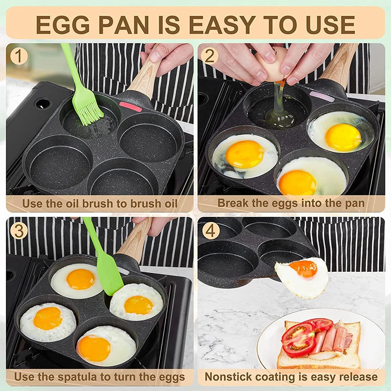 Panela de ovos LMETJMA mostrando o uso prático das panelas de panqueca 4 cavidades para cozinhar ovos